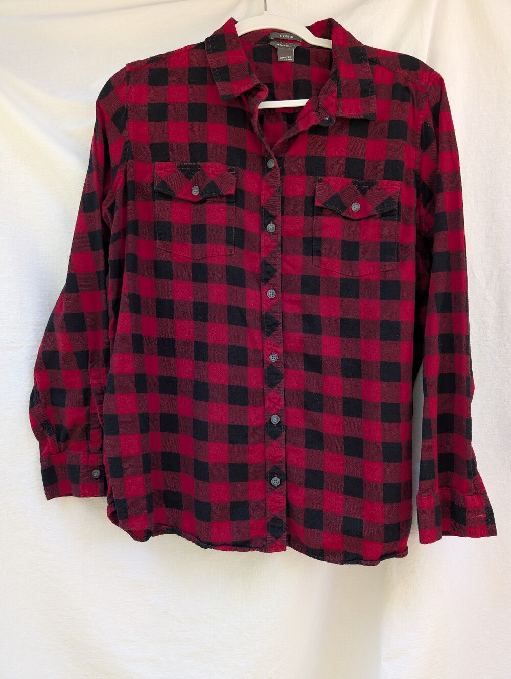 Eddie Bauer Cotton Flannel Plaid Button Down Red Black Sz XL